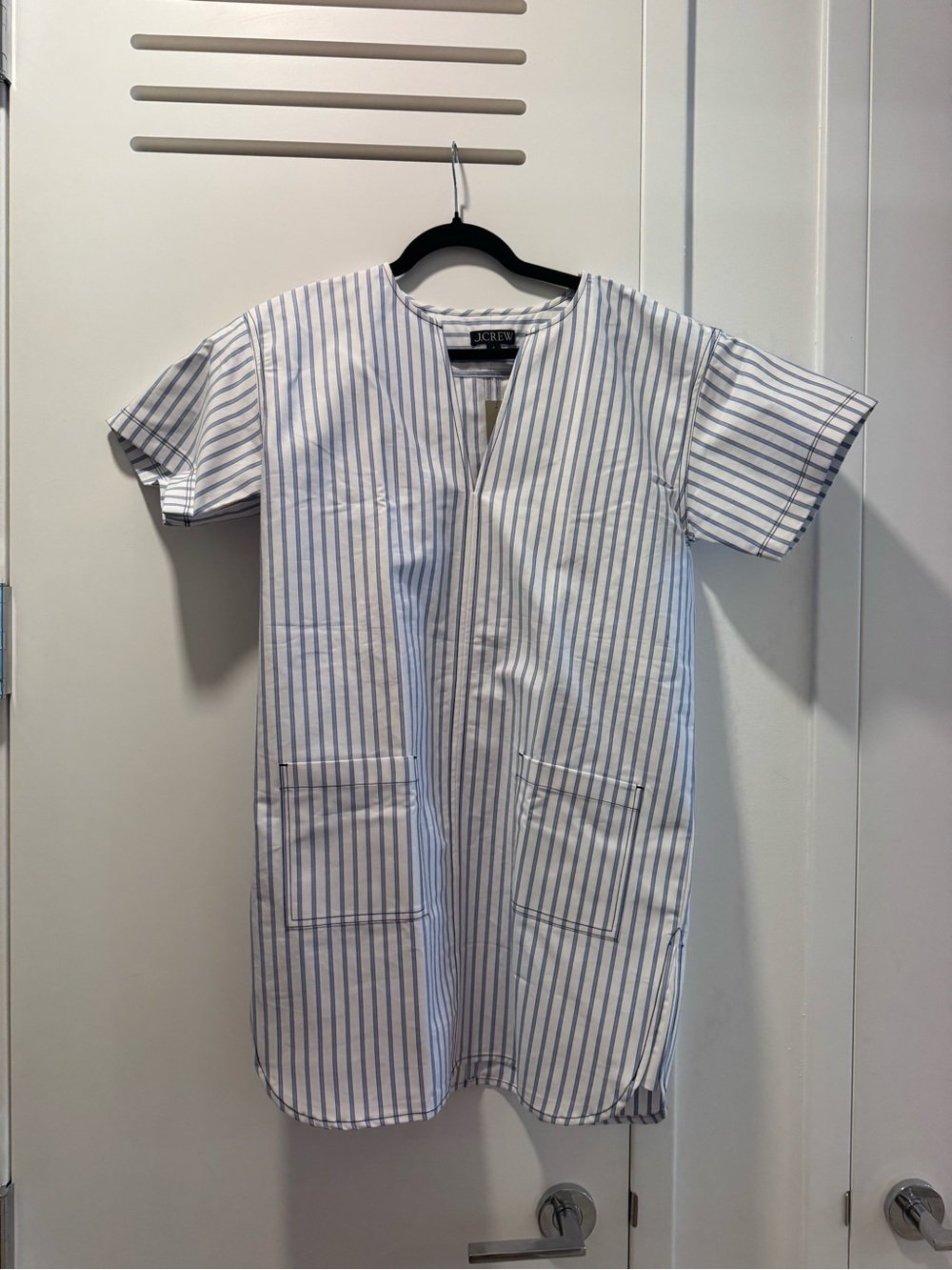J Crew Patch-pocket pullover dress in striped structured cotton poplin
